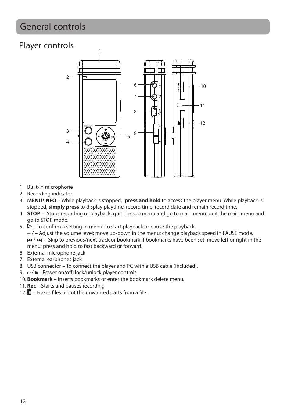 General controls, Player controls | RCA VR5340 User Manual | Page 13 / 24