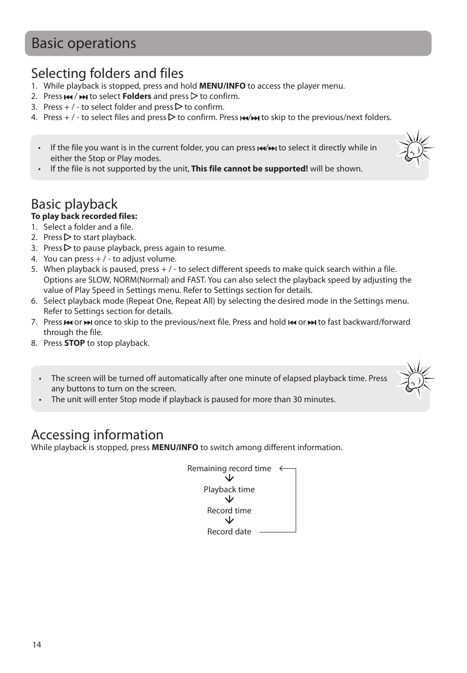 Basic operations, Selecting folders and files, Basic playback | Accessing information | RCA VR5340 User Manual | Page 15 / 24