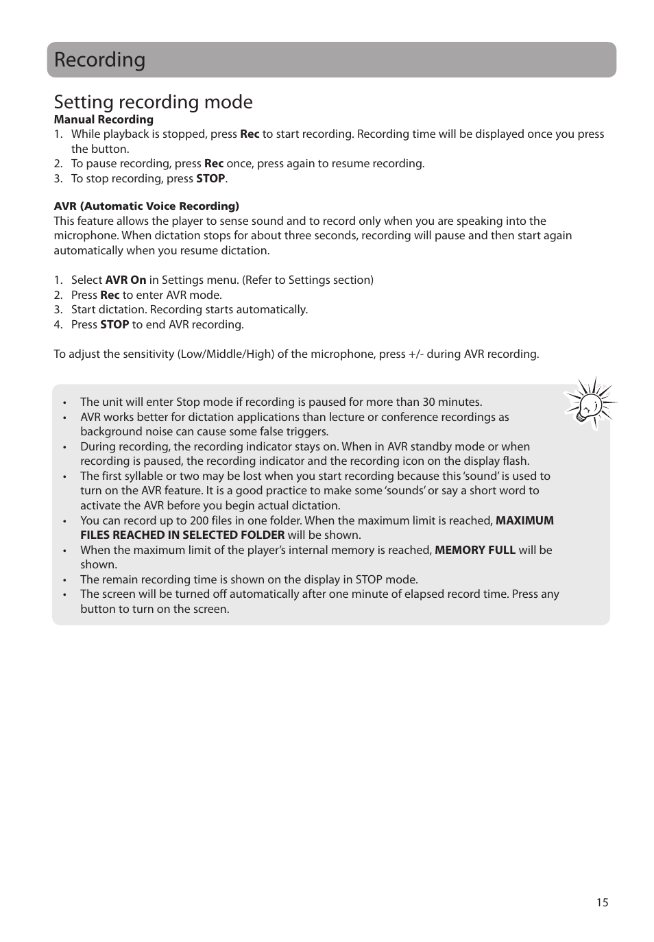 Recording, Setting recording mode | RCA VR5340 User Manual | Page 16 / 24