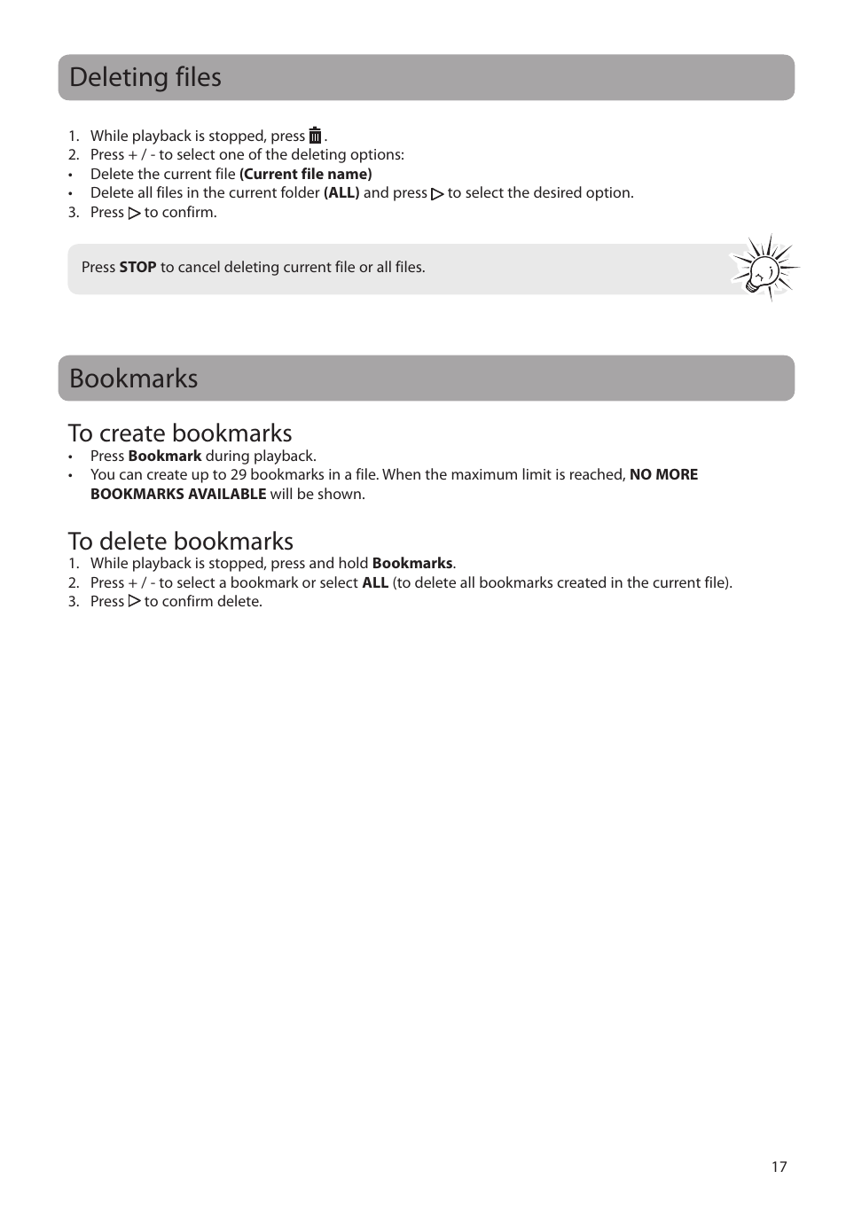 Deleting files bookmarks | RCA VR5340 User Manual | Page 18 / 24