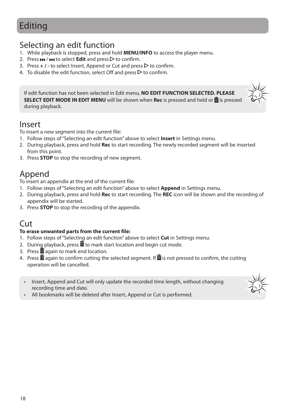 Editing, Selecting an edit function, Insert | Append | RCA VR5340 User Manual | Page 19 / 24