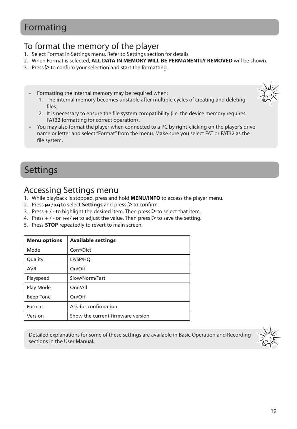 Formating settings, Accessing settings menu | RCA VR5340 User Manual | Page 20 / 24