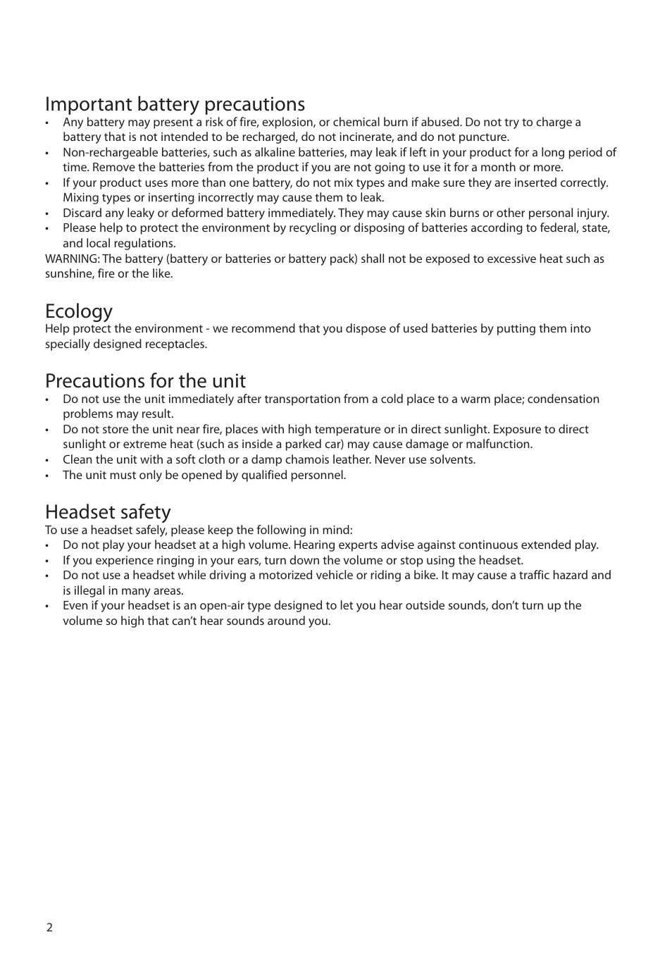 Important battery precautions, Ecology, Precautions for the unit | Headset safety | RCA VR5340 User Manual | Page 3 / 24