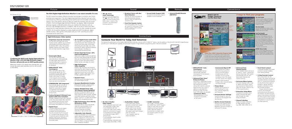 Convenience picture remote sound connections, Connects your world for today and tomorrow, 2 ways to find your programs | RCA D52120 User Manual | Page 2 / 6