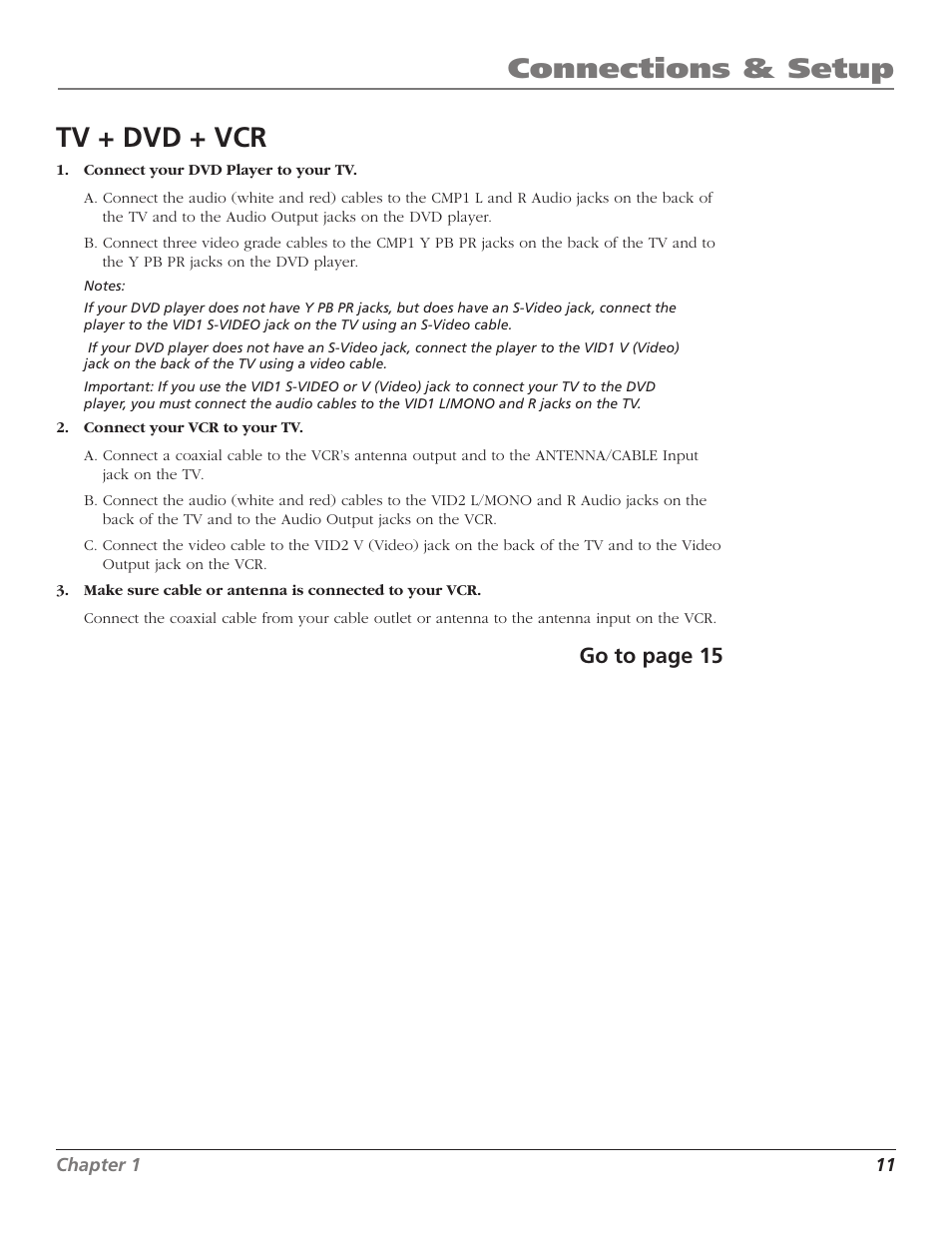 Connections & setup, Tv + dvd + vcr, Go to page 15 | RCA D30W750T User Manual | Page 13 / 48