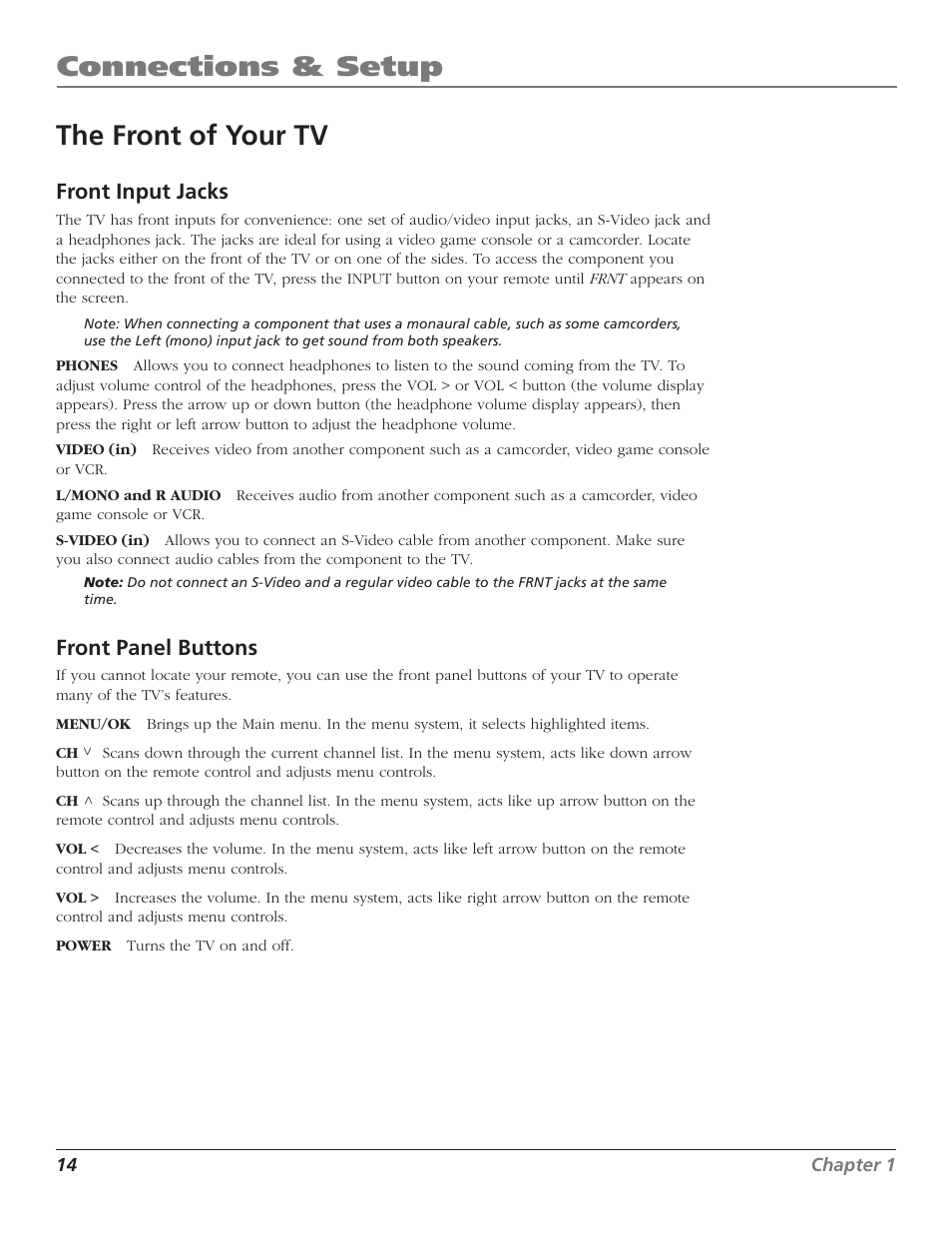 The front of your tv, Front input jacks, Front panel buttons | Connections & setup | RCA D30W750T User Manual | Page 16 / 48