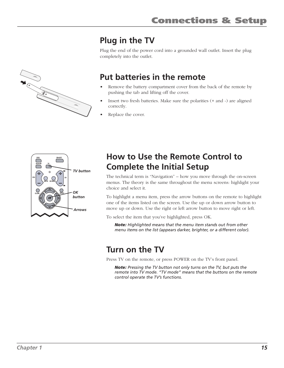 Plug in the tv, Put batteries in the remote, Turn on the tv | Connections & setup, 14 chapter 1, Chapter 1 15 | RCA D30W750T User Manual | Page 17 / 48