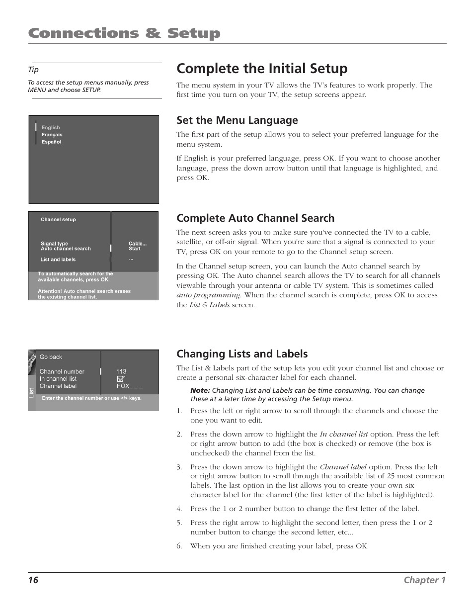 Complete the initial setup, Connections & setup, Set the menu language | Complete auto channel search, Changing lists and labels | RCA D30W750T User Manual | Page 18 / 48