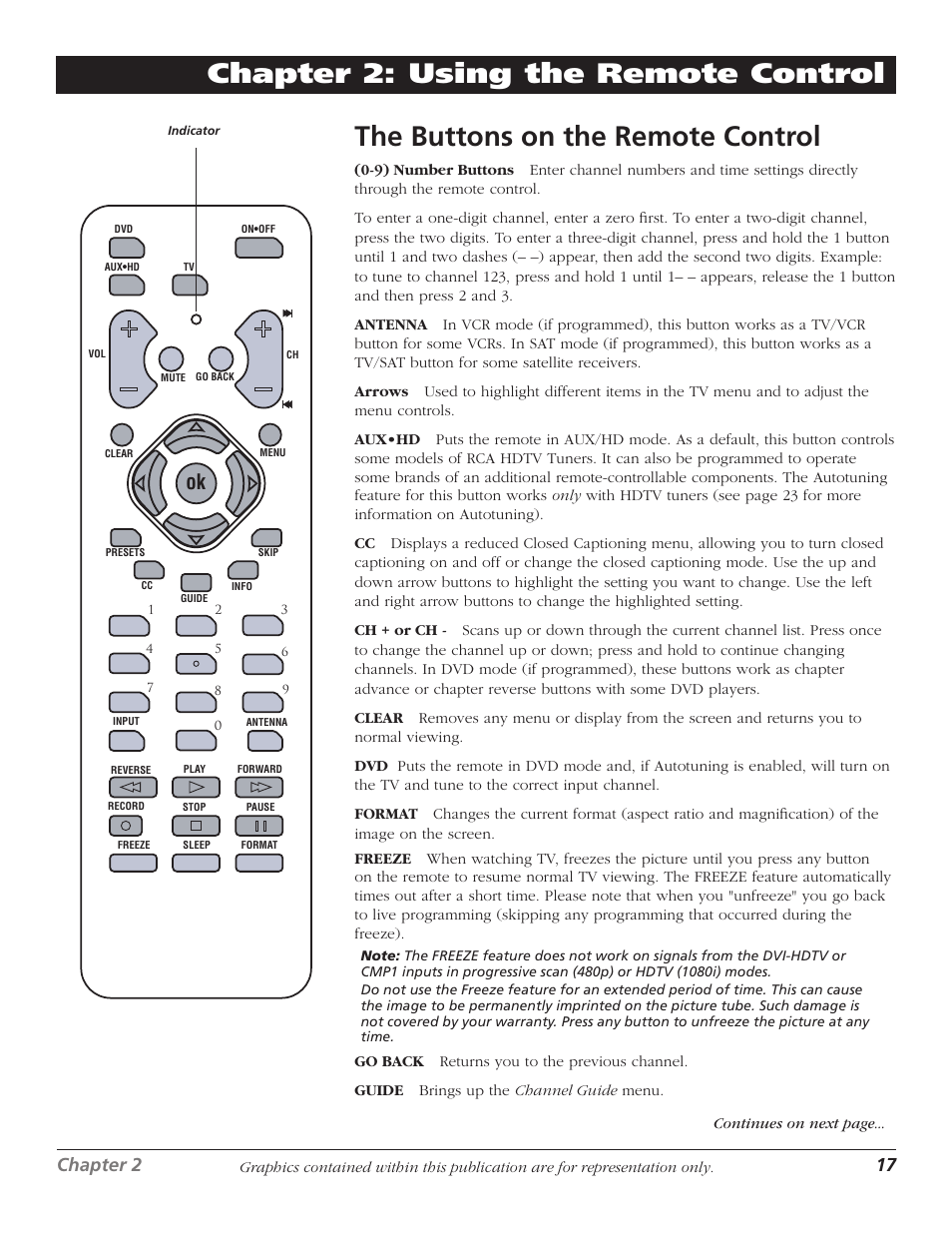 The buttons on the remote control, Chapter 2 17 | RCA D30W750T User Manual | Page 19 / 48