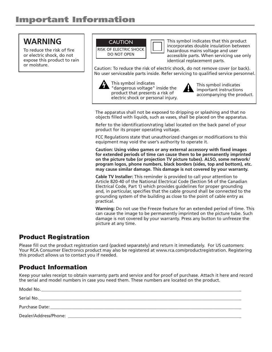 Warning, Important information, Product registration | Product information | RCA D30W750T User Manual | Page 2 / 48