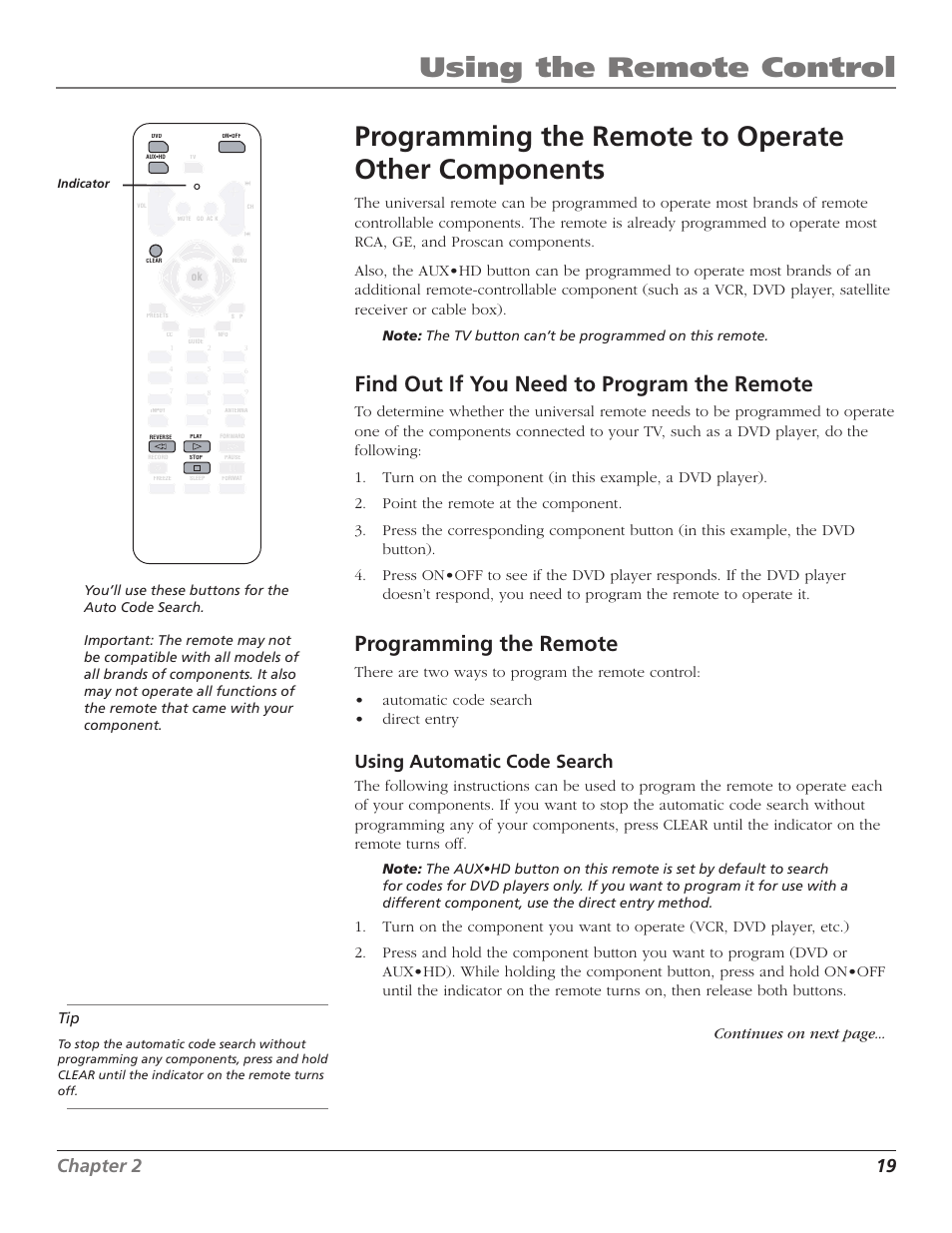 Programming the remote to operate other components, Find out if you need to program the remote, Programming the remote | Using the remote control, 18 chapter 2, Chapter 2 19, Using automatic code search | RCA D30W750T User Manual | Page 21 / 48