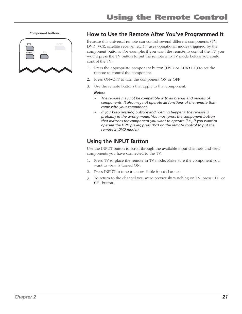 How to use the remote after you’ve programmed it, Using the input button, Using the remote control | RCA D30W750T User Manual | Page 23 / 48