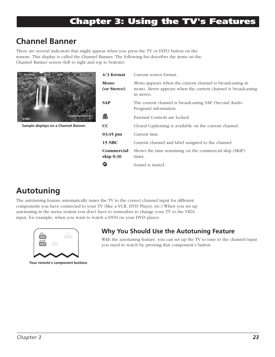 Channel banner, Autotuning, Why you should use the autotuning feature | Chapter 3: using the tv's features channel banner | RCA D30W750T User Manual | Page 25 / 48