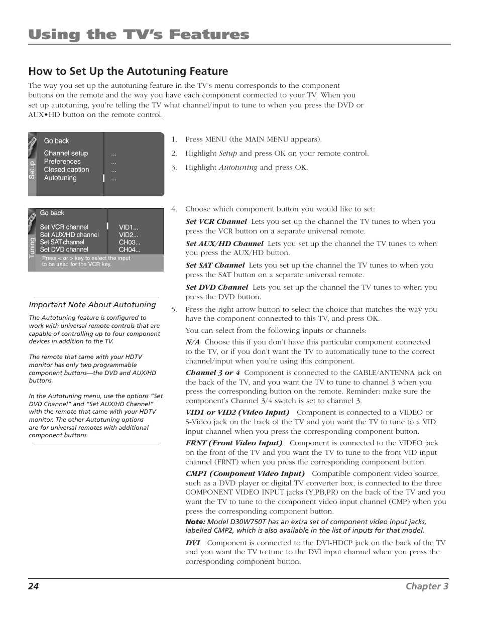 How to set up the autotuning feature, Using the tv’s features | RCA D30W750T User Manual | Page 26 / 48