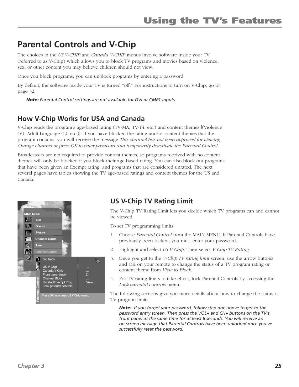 Parental controls and v-chip, How v-chip works for usa and canada, Using the tv’s features | Us v-chip tv rating limit | RCA D30W750T User Manual | Page 27 / 48