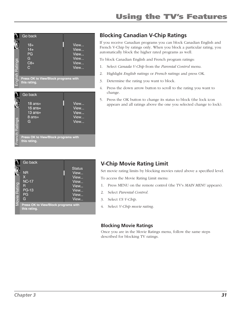 Blocking canadian v-chip ratings, V-chip movie rating limit, Using the tv’s features | RCA D30W750T User Manual | Page 33 / 48