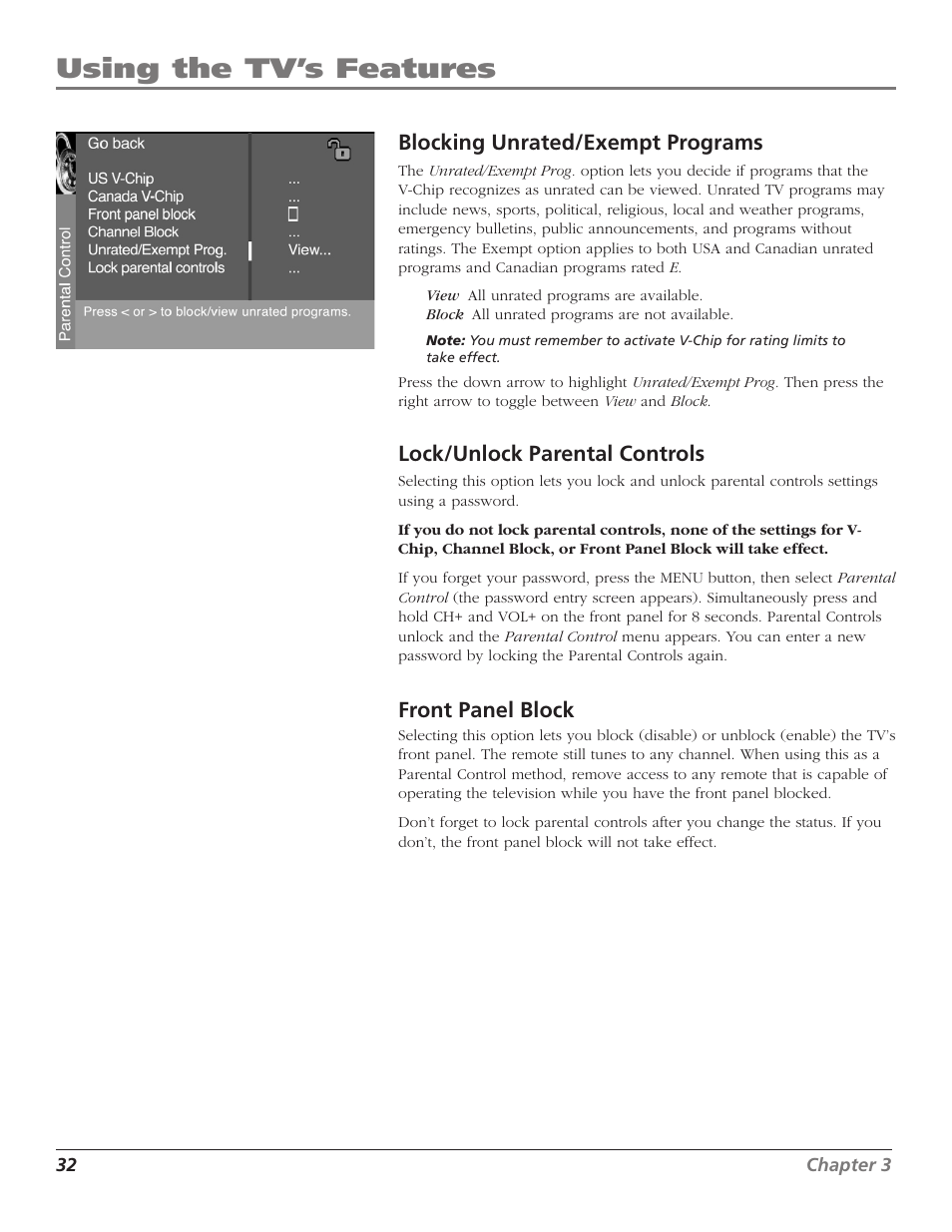 Blocking unrated/exempt programs, Lock/unlock parental controls, Using the tv’s features | Front panel block | RCA D30W750T User Manual | Page 34 / 48