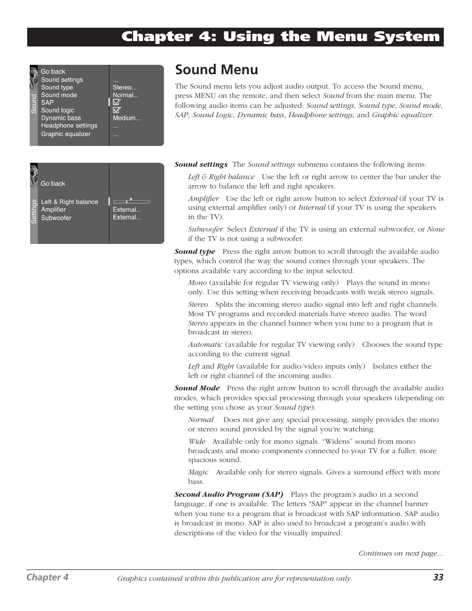 Sound menu, Chapter 4: using the menu system sound menu | RCA D30W750T User Manual | Page 35 / 48