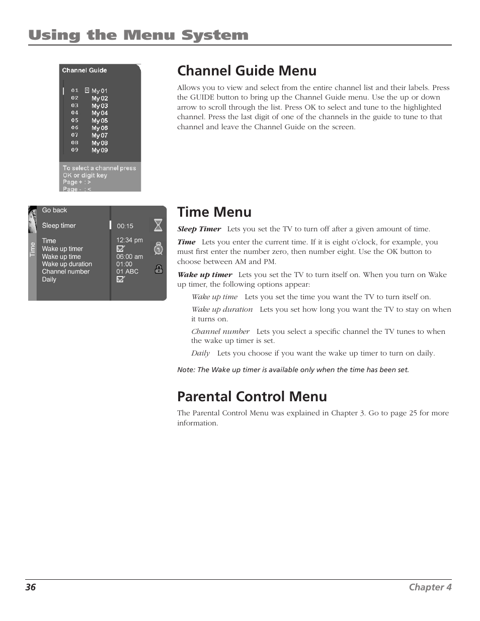 Channel guide menu, Time menu, Parental control menu | Using the menu system, Using the menu system channel guide menu | RCA D30W750T User Manual | Page 38 / 48