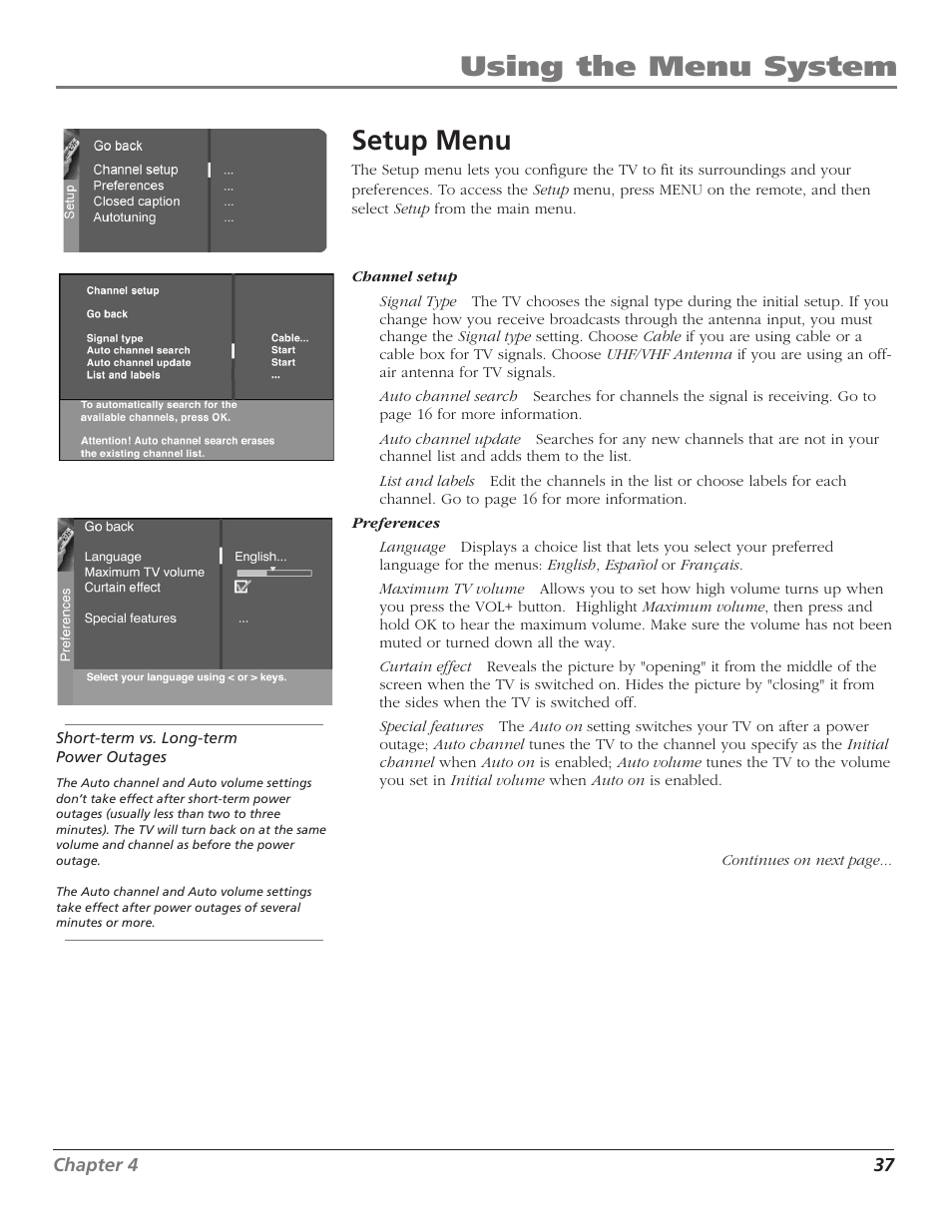 Setup menu, Using the menu system | RCA D30W750T User Manual | Page 39 / 48