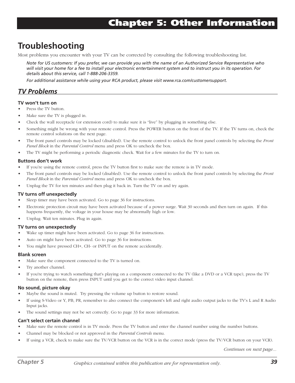 Troubleshooting, Chapter 5: other information, Tv problems | RCA D30W750T User Manual | Page 41 / 48