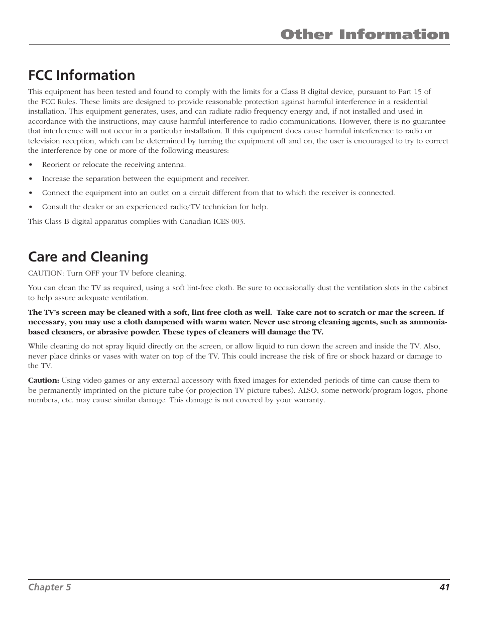 Fcc information, Care and cleaning, Other information | RCA D30W750T User Manual | Page 43 / 48