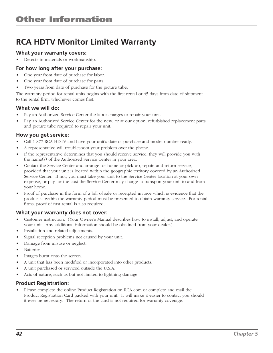 Rca hdtv monitor limited warranty, Other information | RCA D30W750T User Manual | Page 44 / 48