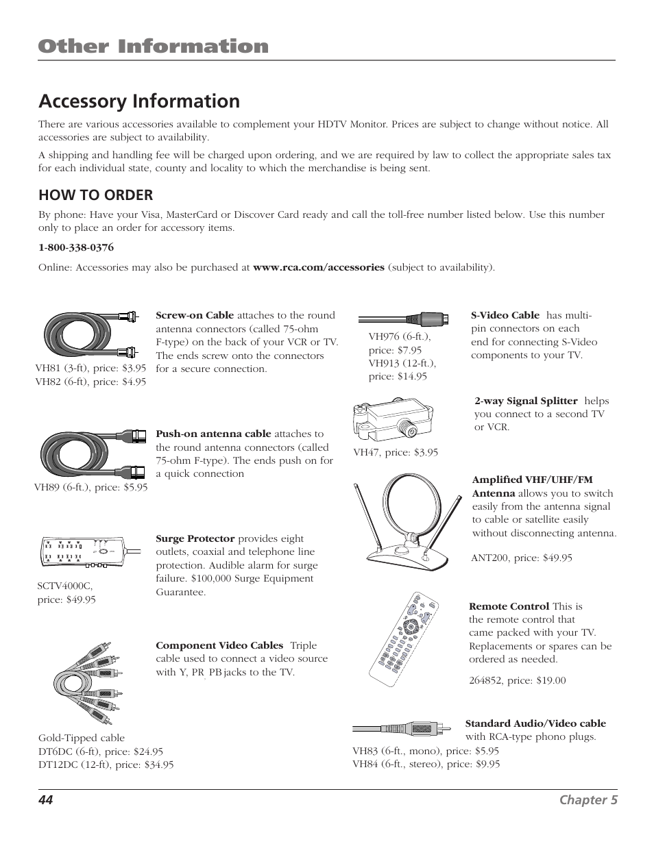 Accessory information, Other information, Index | How to order | RCA D30W750T User Manual | Page 46 / 48