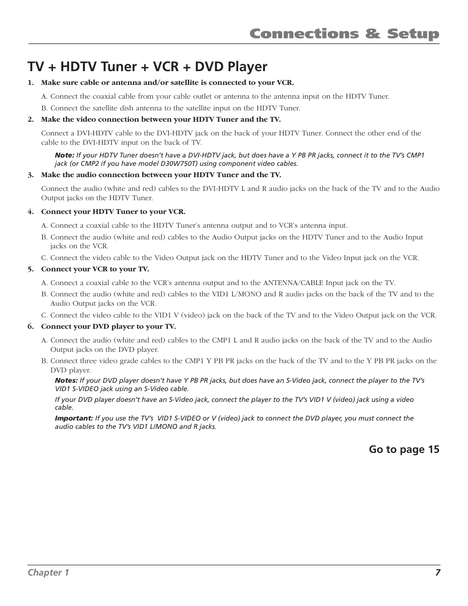 Connections & setup, Tv + hdtv tuner + vcr + dvd player, Go to page 15 | RCA D30W750T User Manual | Page 9 / 48