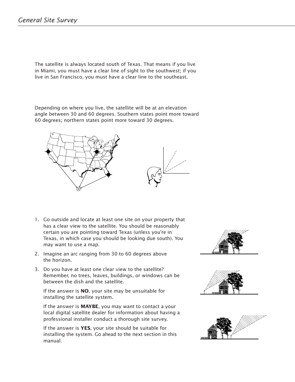 Where is the satellite, anyway, How high up in the sky is the satellite, Finding a clear line of sight | General site survey, 6preparing for installation | RCA Satellite TV Antenna User Manual | Page 10 / 48