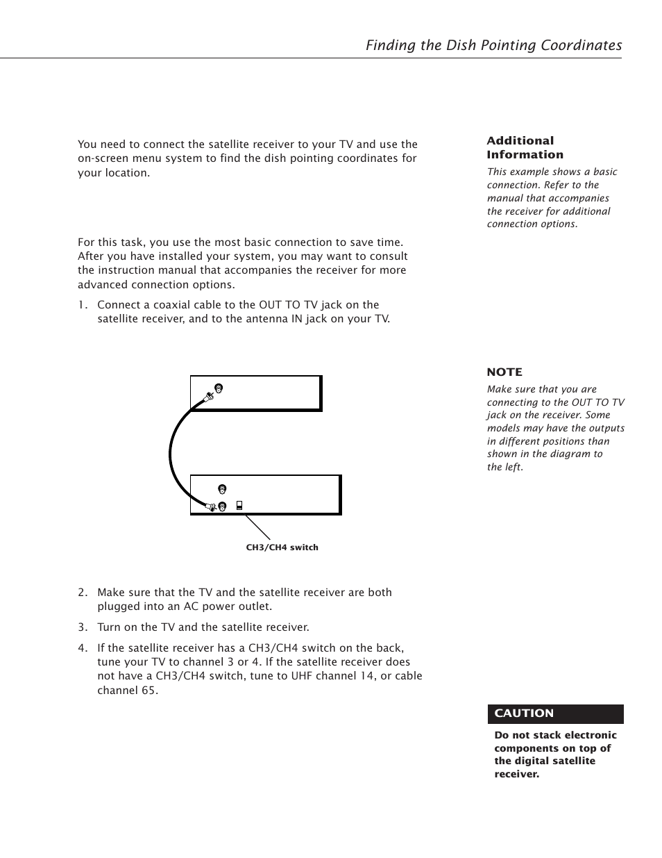 Connecting the receiver to a tv, Finding the dish pointing coordinates, Preparing for installation 7 | RCA Satellite TV Antenna User Manual | Page 11 / 48