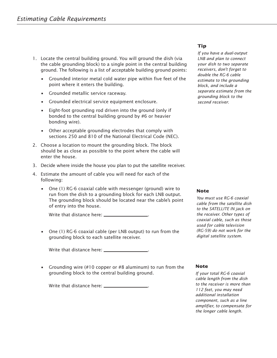 Cable estimate procedure, Estimating cable requirements | RCA Satellite TV Antenna User Manual | Page 16 / 48