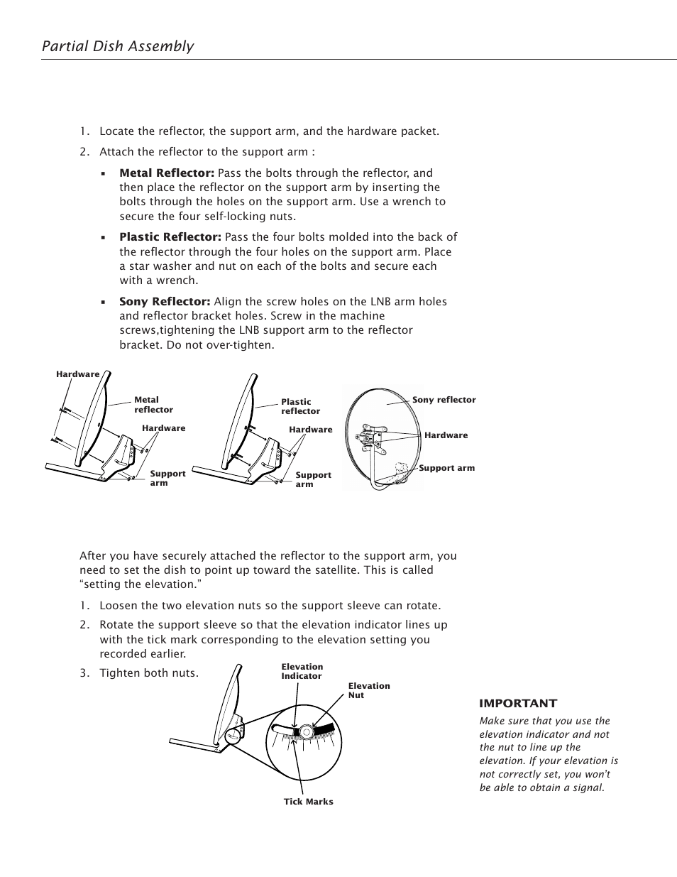 Setting the elevation on the dish, Partial dish assembly | RCA Satellite TV Antenna User Manual | Page 18 / 48