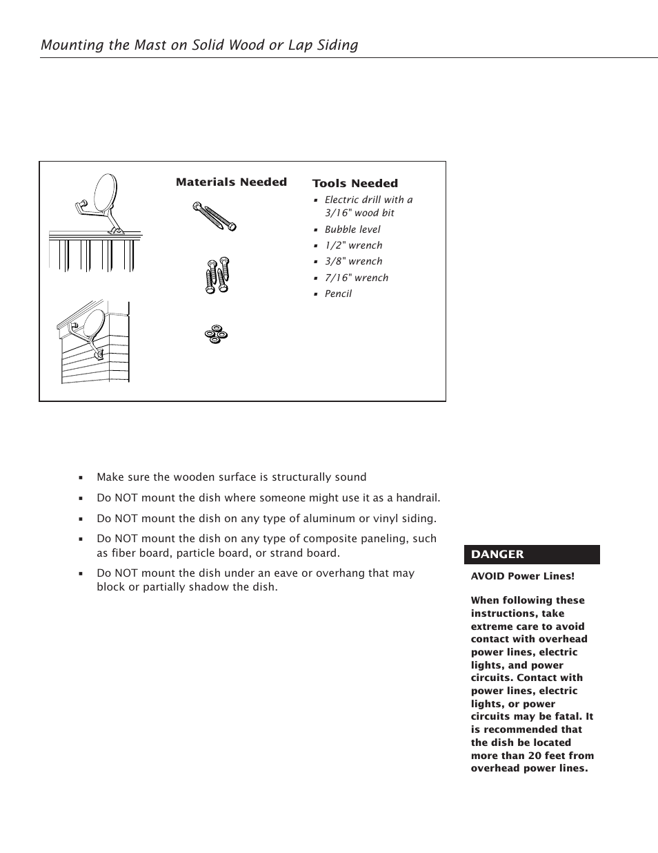 Mounting the mast on solid wood or lap siding, Important considerations, 16 mounting the mast | RCA Satellite TV Antenna User Manual | Page 20 / 48