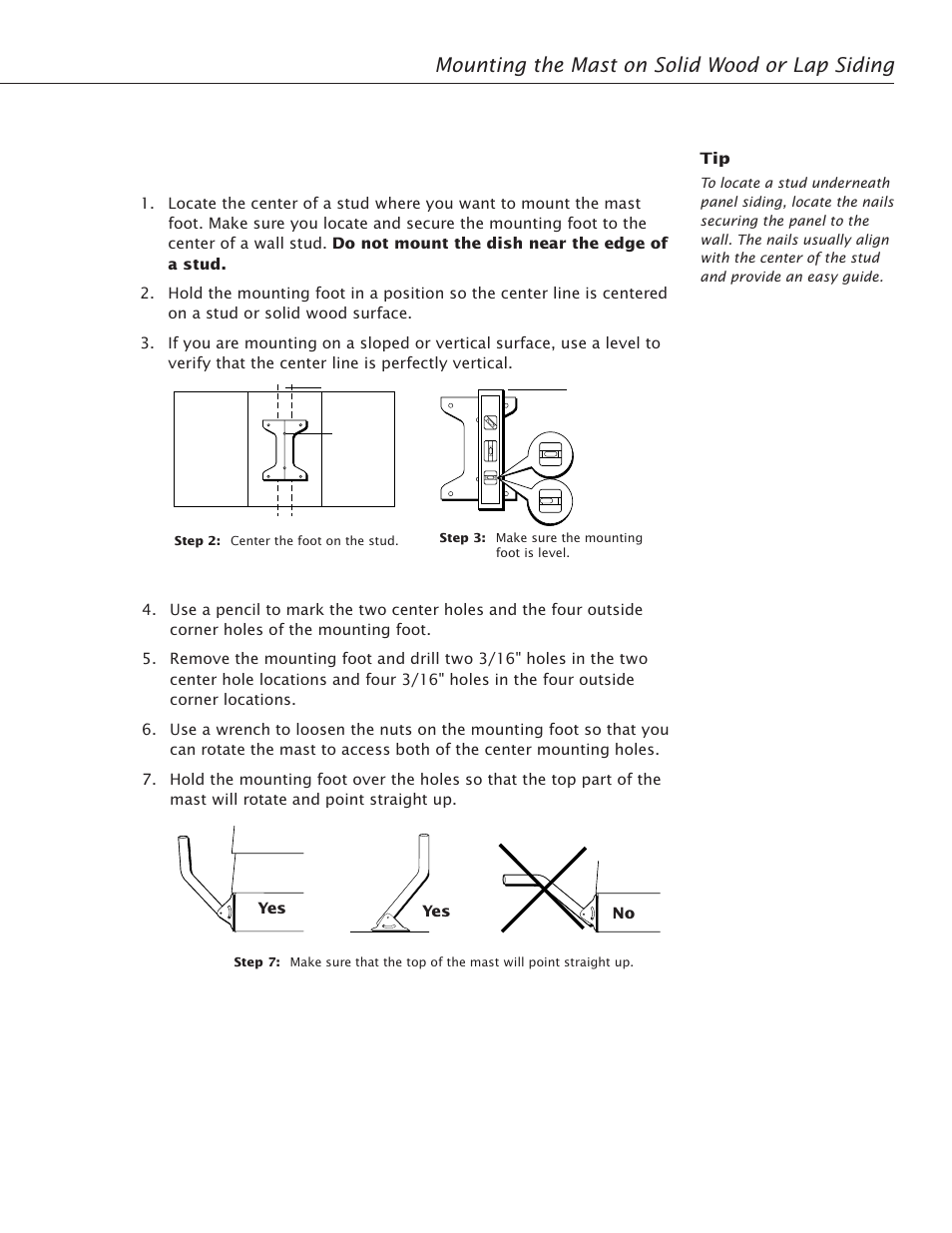 Mounting instructions, Mounting the mast on solid wood or lap siding, Mounting the mast 17 | RCA Satellite TV Antenna User Manual | Page 21 / 48