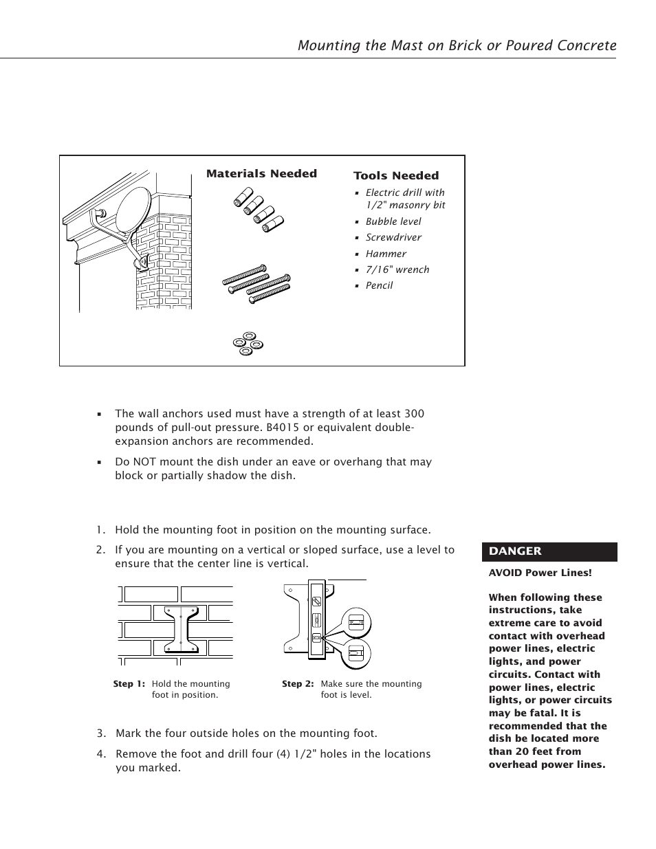 Important considerations, Mounting instructions, Mounting the mast on brick or poured concrete | Mounting the mast 19 | RCA Satellite TV Antenna User Manual | Page 23 / 48