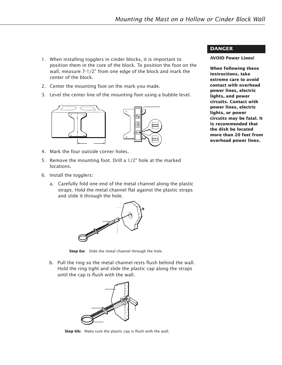 Mounting instructions, Mounting the mast on a hollow or cinder block wall, Mounting the mast 21 | RCA Satellite TV Antenna User Manual | Page 25 / 48