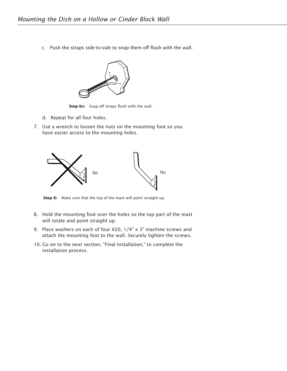 Mounting the dish on a hollow or cinder block wall | RCA Satellite TV Antenna User Manual | Page 26 / 48