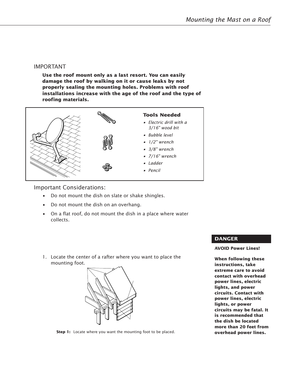 Mounting the mast on a roof, Mounting the mast 25, Important | Important considerations | RCA Satellite TV Antenna User Manual | Page 29 / 48