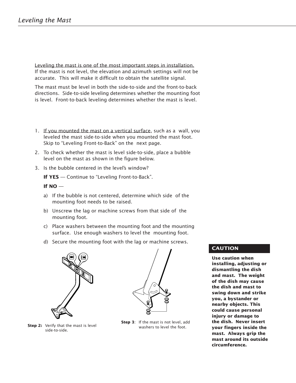 Leveling the mast, Leveling side-to-side | RCA Satellite TV Antenna User Manual | Page 32 / 48