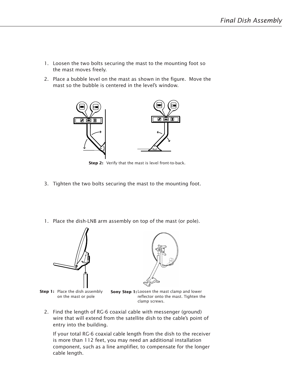Final dish assembly, Leveling front-to-back | RCA Satellite TV Antenna User Manual | Page 33 / 48