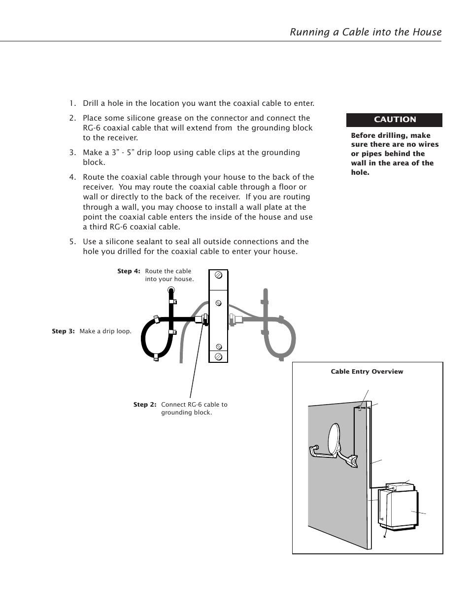 Running cable into the house, Running a cable into the house, Final installation 33 | RCA Satellite TV Antenna User Manual | Page 37 / 48