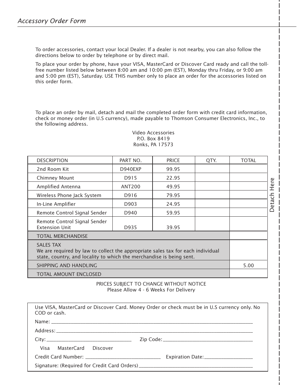 Accessory order form | RCA Satellite TV Antenna User Manual | Page 4 / 48