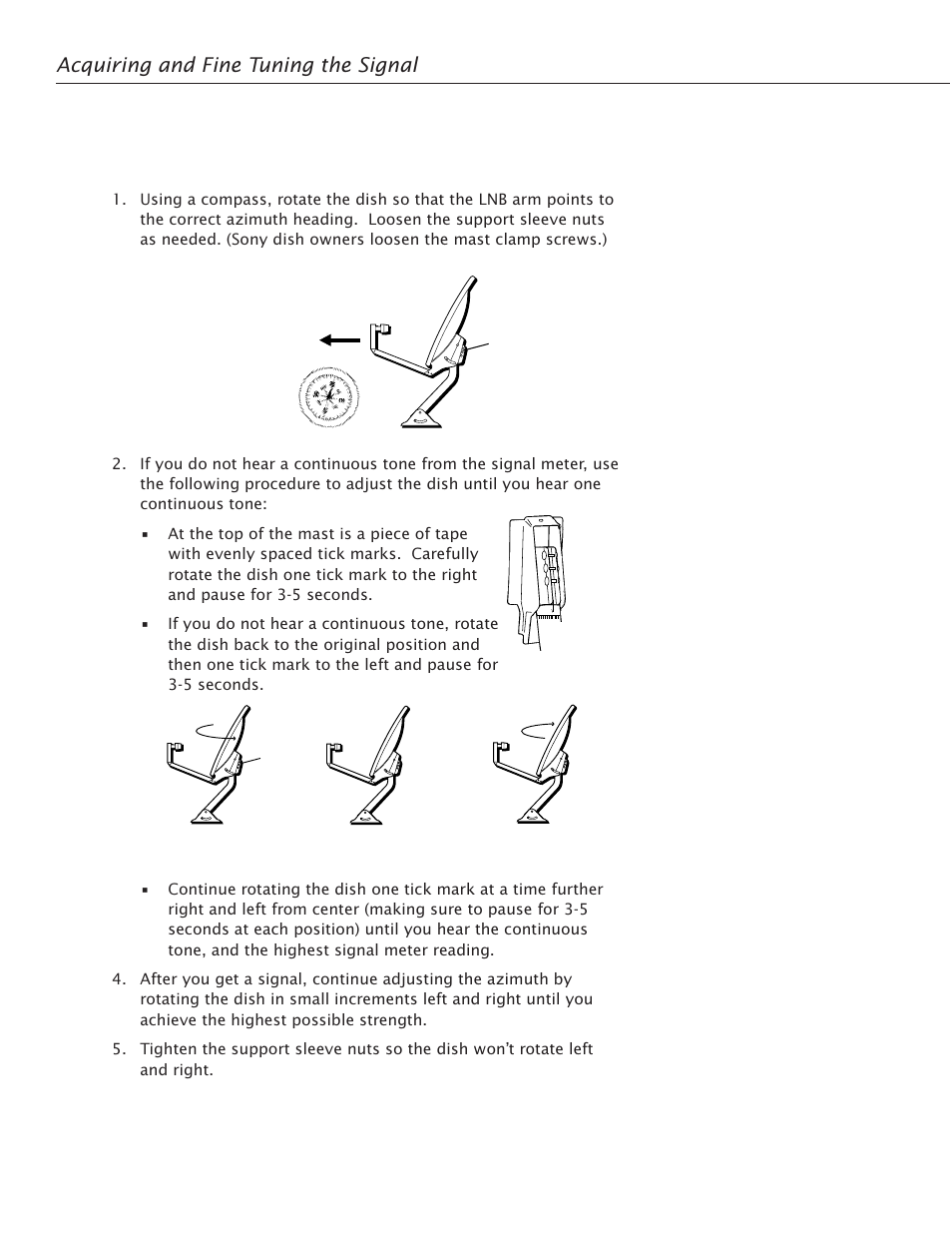 Adjusting the azimuth and elevation settings, Acquiring and fine tuning the signal, 36 final installation | RCA Satellite TV Antenna User Manual | Page 40 / 48