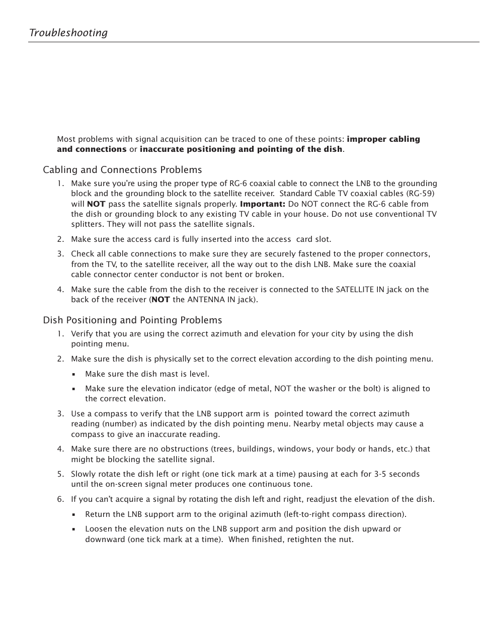 Troubleshooting, Can’t pick up the satellite signal | RCA Satellite TV Antenna User Manual | Page 42 / 48