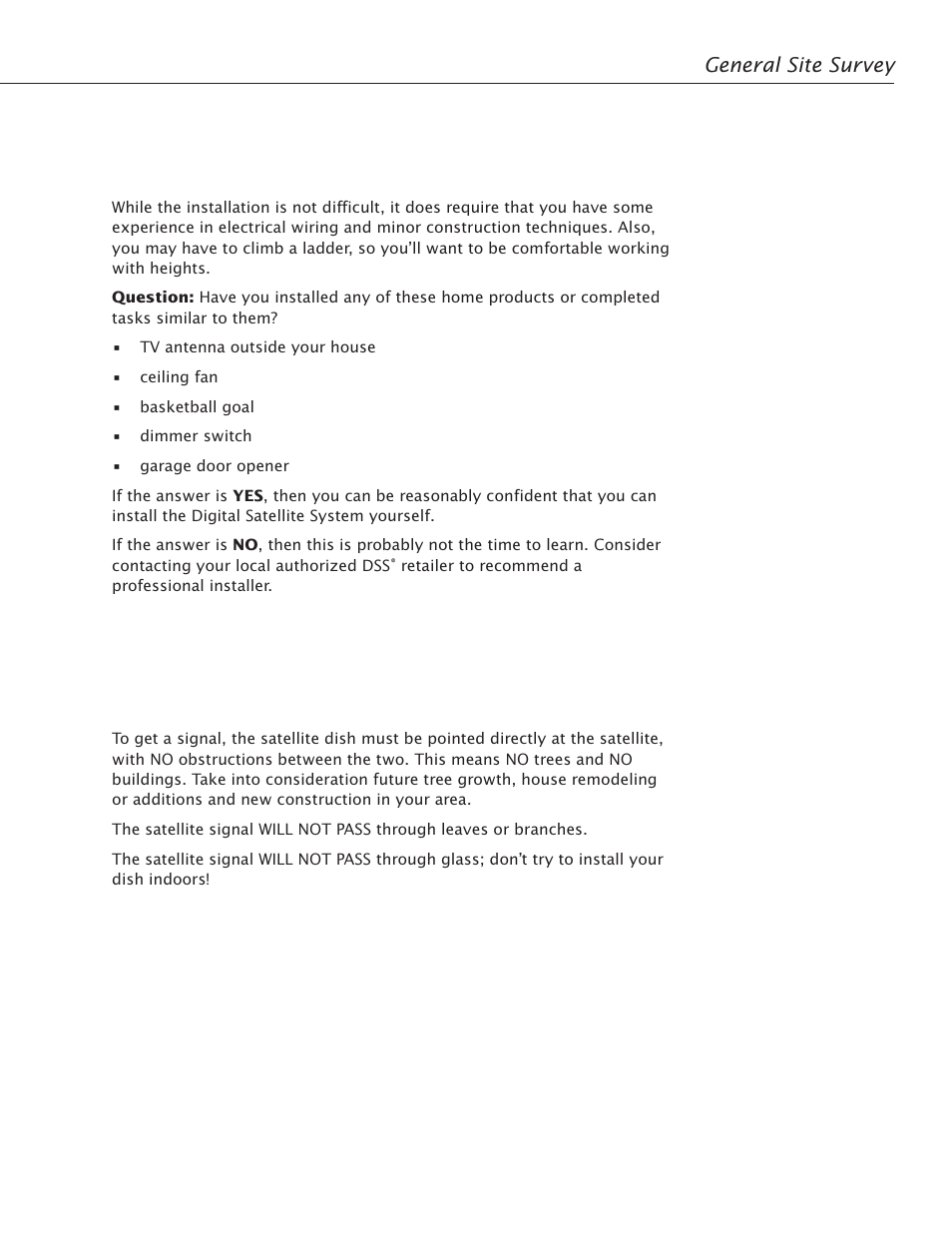 The big question: should i do this myself, General site survey | RCA Satellite TV Antenna User Manual | Page 9 / 48