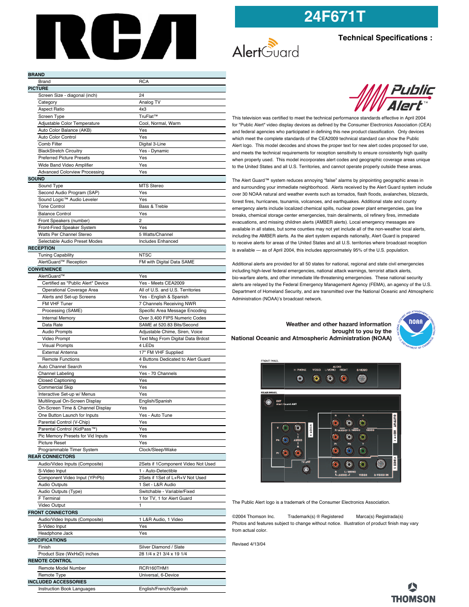 Technical specifications | RCA TruFlat 24F671T User Manual | Page 2 / 2