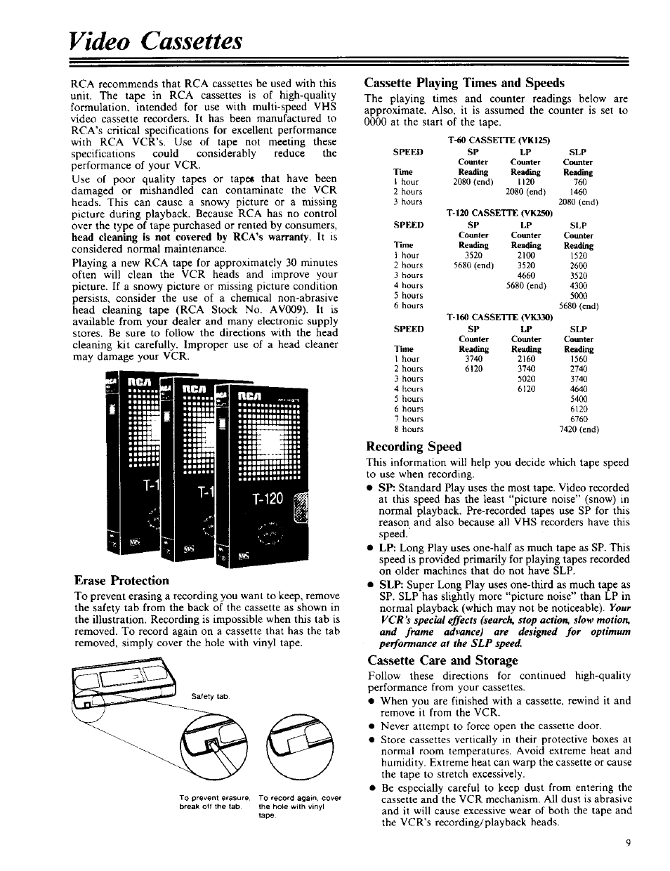 Video cassettes, Erase protection, Cassette playing times and speeds | Recording speed, Cassette care and storage | RCA VPT 385 User Manual | Page 11 / 32