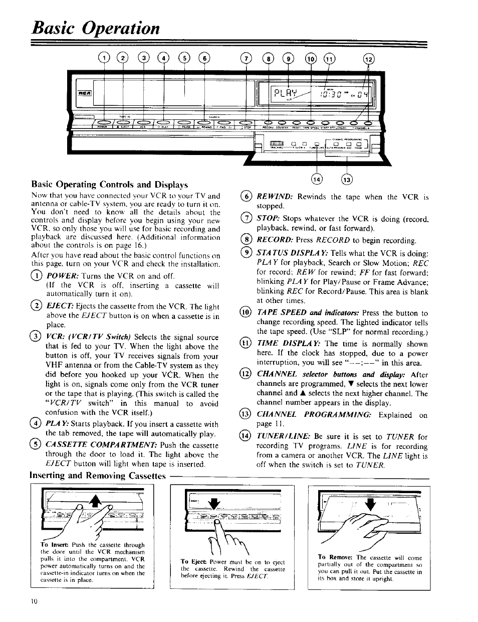 Inserting and removing cassettes, Inserting/removing cassettes, Basic operation | RCA VPT 385 User Manual | Page 12 / 32