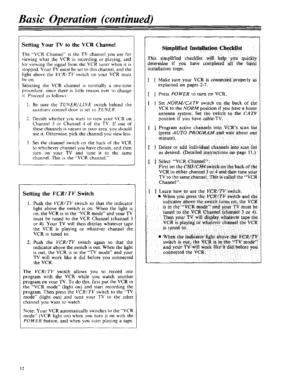 Setting your tv to the vcr channel, Setting the vcr! tv switch, Setting tv to vcr channel | Setting the ucti/rk switch, Basic operation (continued), Setting the, Switch, Simplified ihstaijalion checklist, Vcr! tv | RCA VPT 385 User Manual | Page 14 / 32